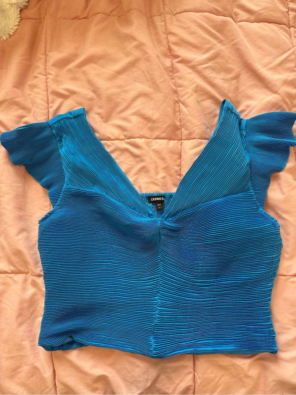 Express Blue Pleated V-Neck Crop Top